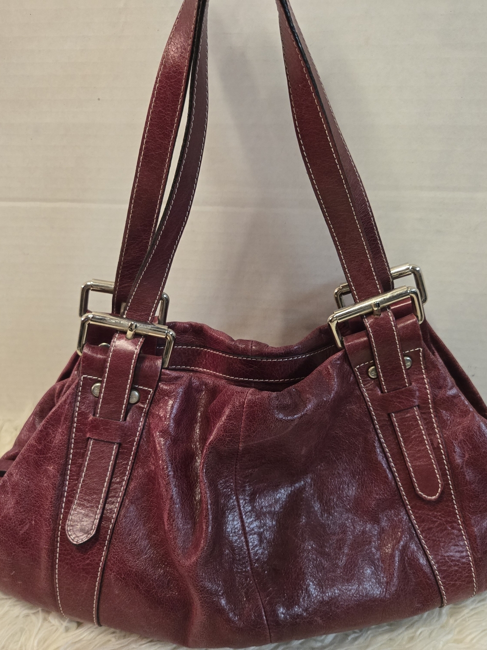 Women's Deep Wine Leather Shoulder Tote with Double Straps